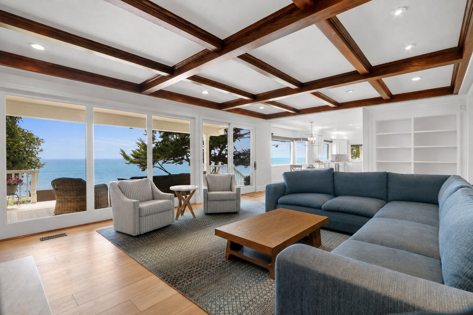 Same living room with seating added and the deck dressed